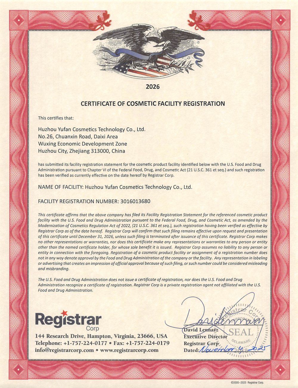 US FDA cosmetic facility registration certificate for the YFF plant