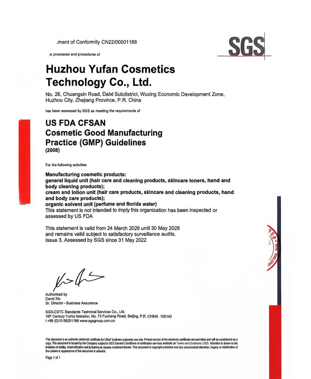 US FDA CFSAN Cosmetic GMP Guidelines, SGS statement certificate
