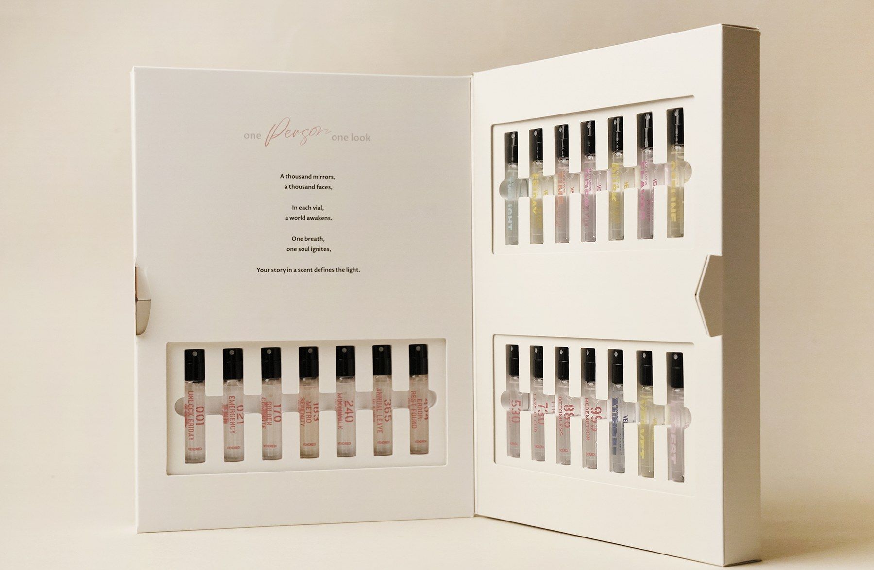 Discovery set of twenty-one 2ml perfume vials in an open box